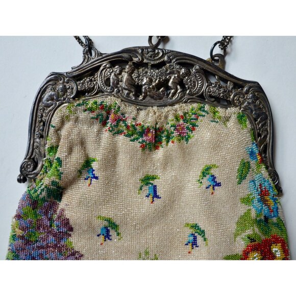 Antique Edwardian Glass Bead Flower Roses Purse Silver Cherub Frame Czech? - Picture 10 of 15